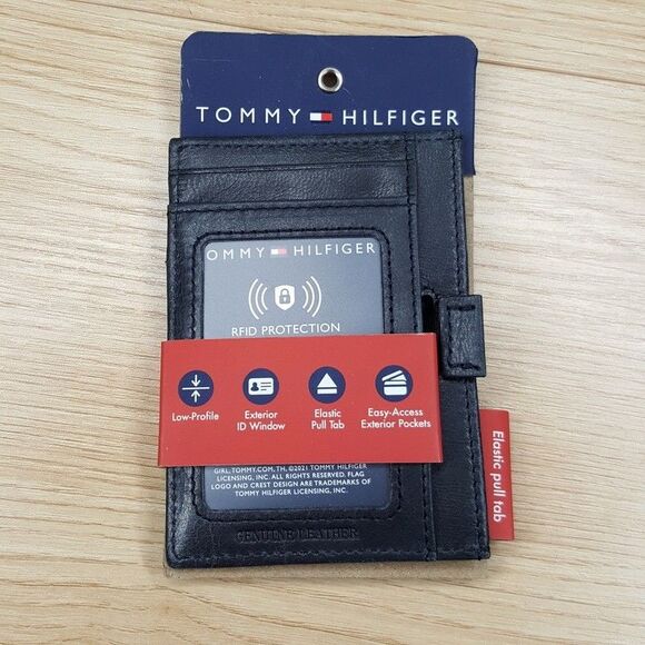 TOMMY HILFIGER Mens Black Leather Wallet Card Holder Low Profile RFID - Picture 1 of 4